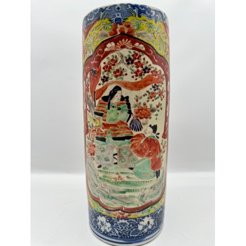 73 - Antique Hand Painted Oriental Ceramic Stick Vase A/F - 29cm x 12cm