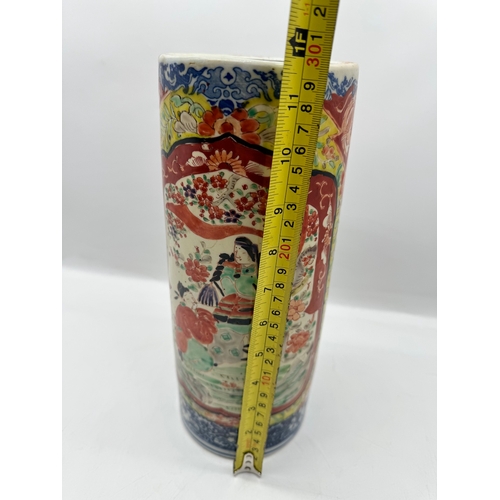 73 - Antique Hand Painted Oriental Ceramic Stick Vase A/F - 29cm x 12cm