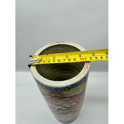 73 - Antique Hand Painted Oriental Ceramic Stick Vase A/F - 29cm x 12cm