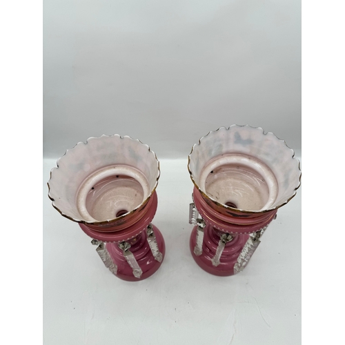 76 - Pair of Victorian pink glass lustres - 28cm x 15cm