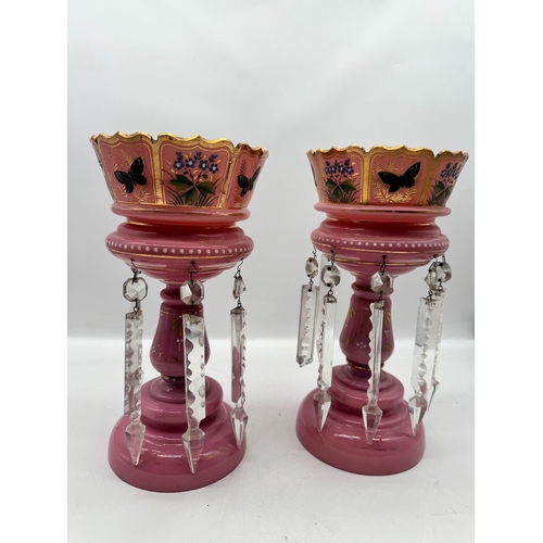 76 - Pair of Victorian pink glass lustres - 28cm x 15cm