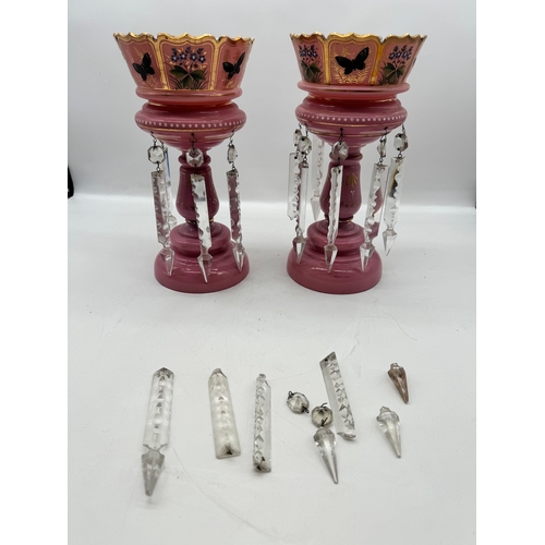 76 - Pair of Victorian pink glass lustres - 28cm x 15cm