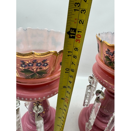 76 - Pair of Victorian pink glass lustres - 28cm x 15cm