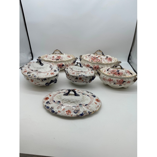 80 - Lot of Five Antique Ceramic Tureens with floral / gilt decoration + 1 extra lid