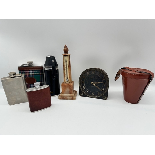 84 - Collection of vintage hip flasks + thermometer , money box