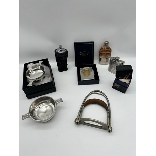 87 - Collection of vintage and modern collectables including playing cards in case, hip flasks, The york ... 