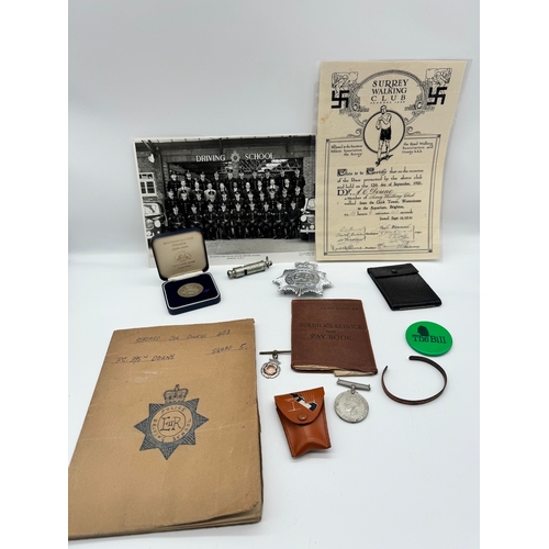 88 - Collection of Solider / Police memorabilia inc Metropolitan Police Hat Badge, Police whistle, silver... 