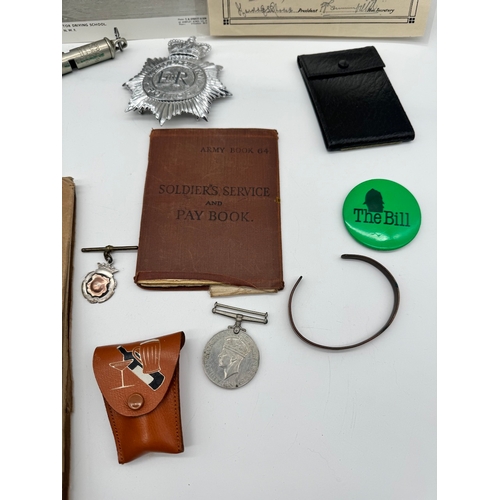 88 - Collection of Solider / Police memorabilia inc Metropolitan Police Hat Badge, Police whistle, silver... 