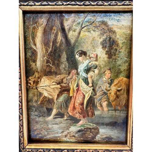 95 - 19th Century Oil on Canvas In Gilt Frame of family herding cows through water - unsigned