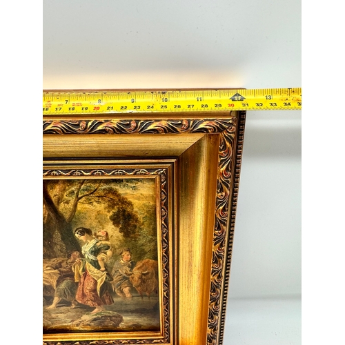 95 - 19th Century Oil on Canvas In Gilt Frame of family herding cows through water - unsigned