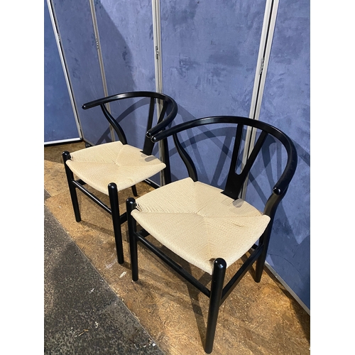 407 - Two Modern Larvik Black Wishbone wooden Dining Chairs with woven chord seats. 

Dimensions - 23