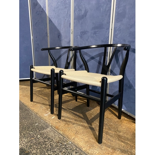 407 - Two Modern Larvik Black Wishbone wooden Dining Chairs with woven chord seats. 

Dimensions - 23