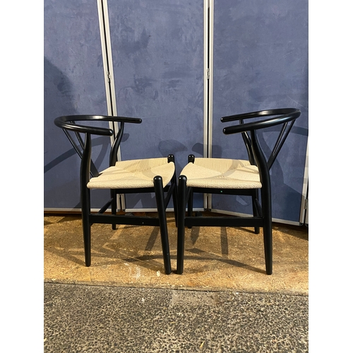 407 - Two Modern Larvik Black Wishbone wooden Dining Chairs with woven chord seats. 

Dimensions - 23