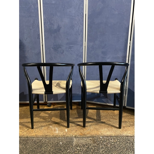 407 - Two Modern Larvik Black Wishbone wooden Dining Chairs with woven chord seats. 

Dimensions - 23