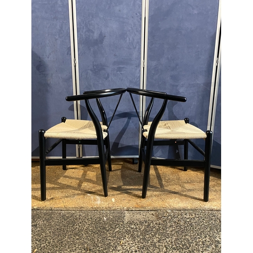 407 - Two Modern Larvik Black Wishbone wooden Dining Chairs with woven chord seats. 

Dimensions - 23