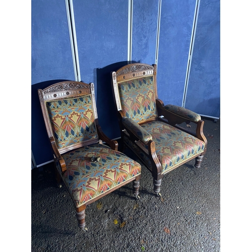 330 - Antique Ladies and Gents Salon chairs in Liberty printed Art Nouveau style textile

See images for d... 