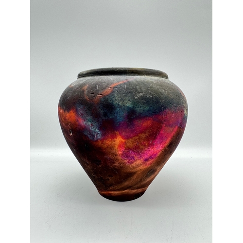 107 - Raku Copper fumed vase  - signed - 16cm