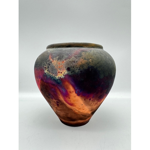 107 - Raku Copper fumed vase  - signed - 16cm