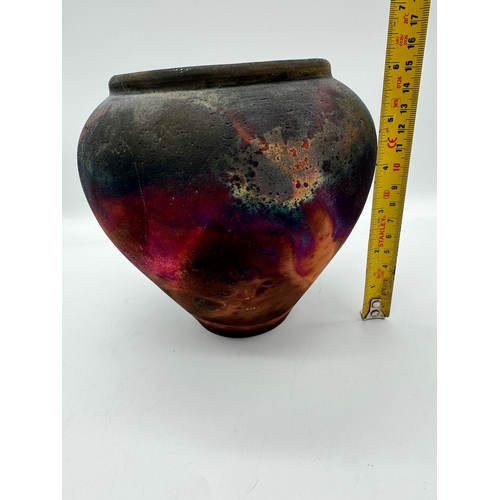 107 - Raku Copper fumed vase  - signed - 16cm