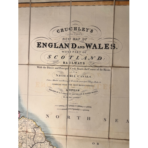 115 - Large 19th Century folding hand-coloured map Cruchley's Late Cary's New Map of England & Wales with ... 