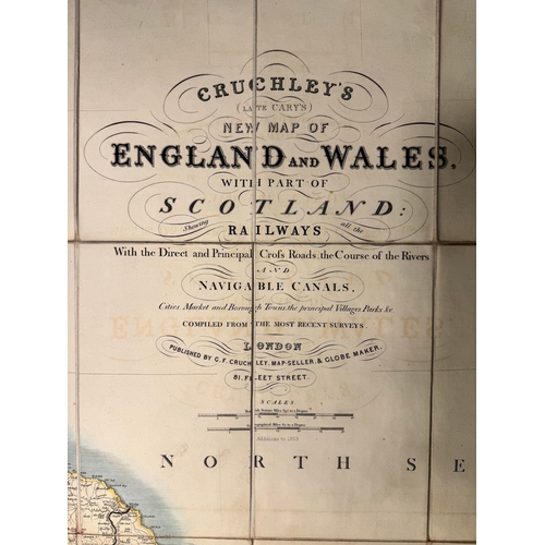 115 - Large 19th Century folding hand-coloured map Cruchley's Late Cary's New Map of England & Wales with ... 