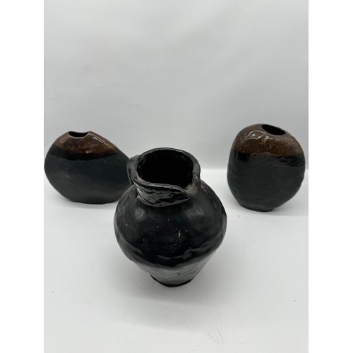 143 - Two Donagh Studio Irish Pottery Vases + one other signed studio pourer