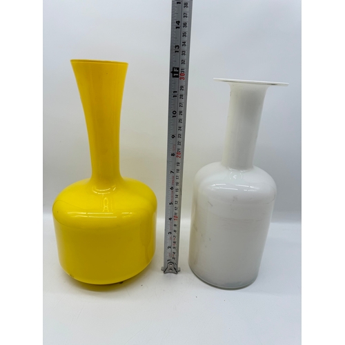 144 - Two Coloured Opaque 1970's Glass Vases c 30cm tall