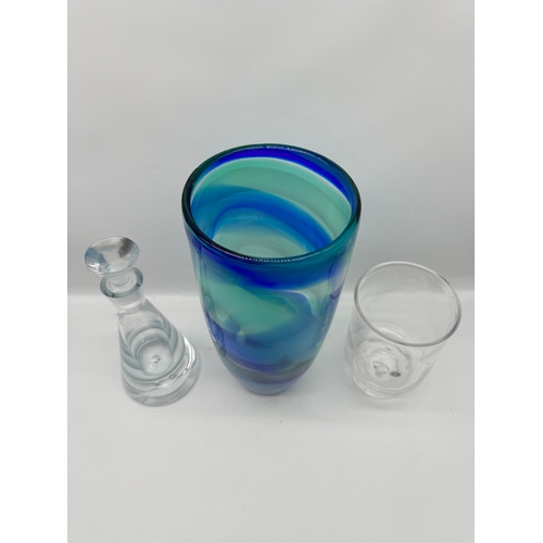 145 - Krosno Glass decanter , Darlington crystal vase + 1 large blue glass vase