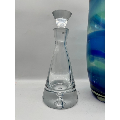 145 - Krosno Glass decanter , Darlington crystal vase + 1 large blue glass vase