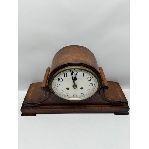 149 - Large Oak cased Mantle Clock with key - 54cm x 15cm x 30cm