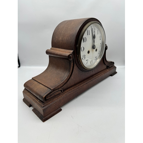 149 - Large Oak cased Mantle Clock with key - 54cm x 15cm x 30cm