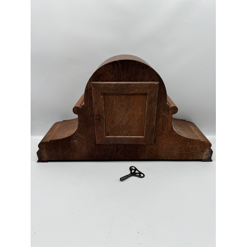 149 - Large Oak cased Mantle Clock with key - 54cm x 15cm x 30cm