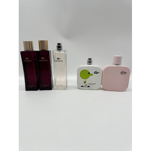 208 - Lot of five various Lacoste Fragrances 
Pour Femme Elixir
Eau De Toilette + Parfum 
90-100ml bottles