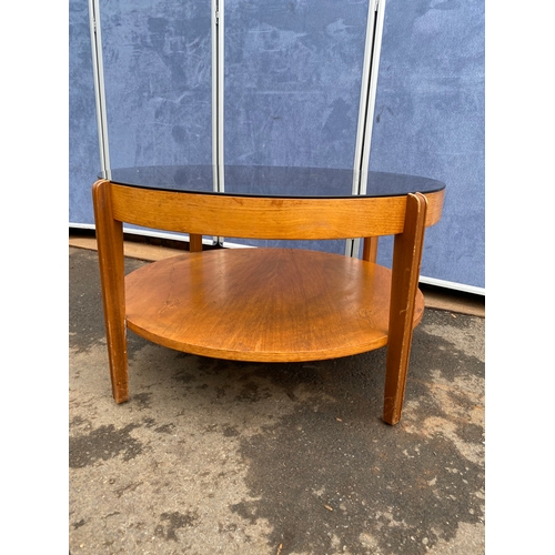 458 - Mid-Century Smoked glass Round Teak coffee table by Remploy. 

Dimensions - 32