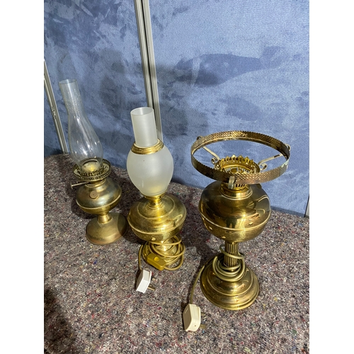 473 - A trio of Brass oil burner style lamps. (Two Electric)