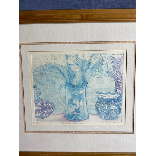 507 - Framed Limited edition 41/150 signed watercolour print 'Blue chine, White tulips' by Sally Winter.  ... 