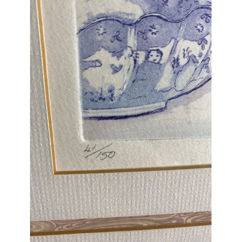 507 - Framed Limited edition 41/150 signed watercolour print 'Blue chine, White tulips' by Sally Winter.  ... 