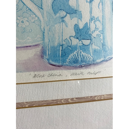 507 - Framed Limited edition 41/150 signed watercolour print 'Blue chine, White tulips' by Sally Winter.  ... 