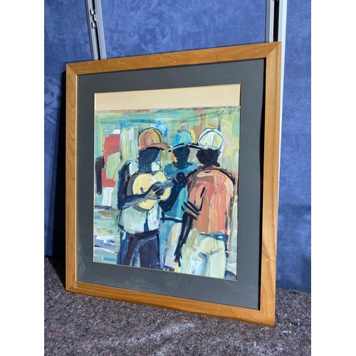 517 - Original painting of three men one playing guitar. 
Attributed Charles Kamangwana

Dimensions - 29.5... 