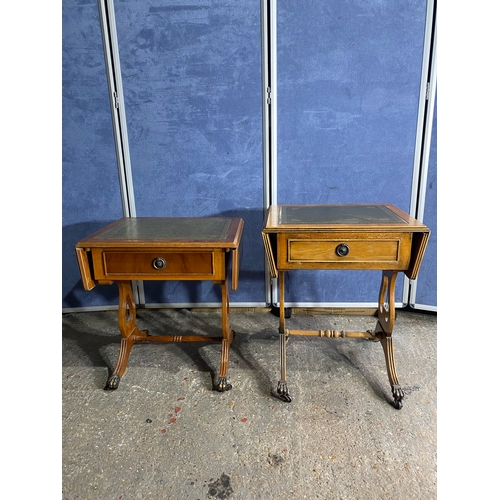 589 - Two retro inlaid green leather drop leaf side tables. 

Please see images for all dimensions.