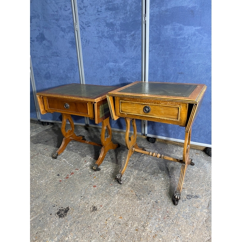 589 - Two retro inlaid green leather drop leaf side tables. 

Please see images for all dimensions.