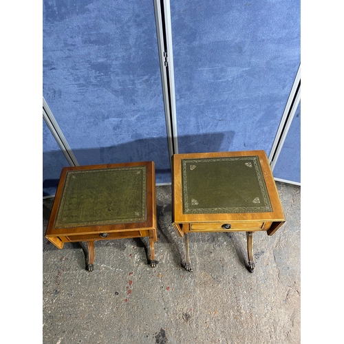 589 - Two retro inlaid green leather drop leaf side tables. 

Please see images for all dimensions.