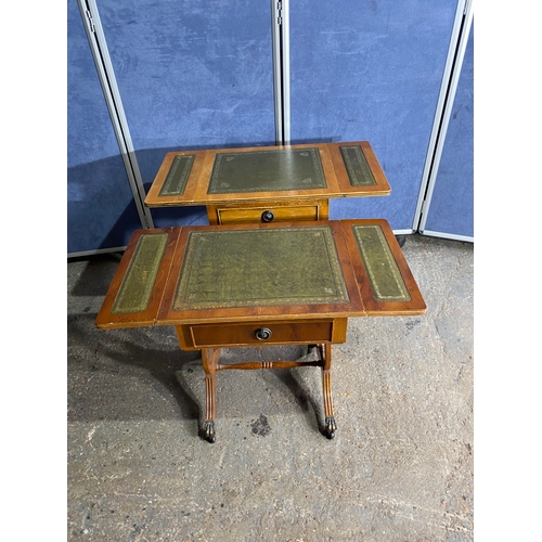 589 - Two retro inlaid green leather drop leaf side tables. 

Please see images for all dimensions.