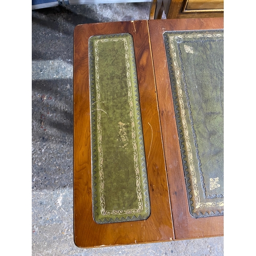 589 - Two retro inlaid green leather drop leaf side tables. 

Please see images for all dimensions.