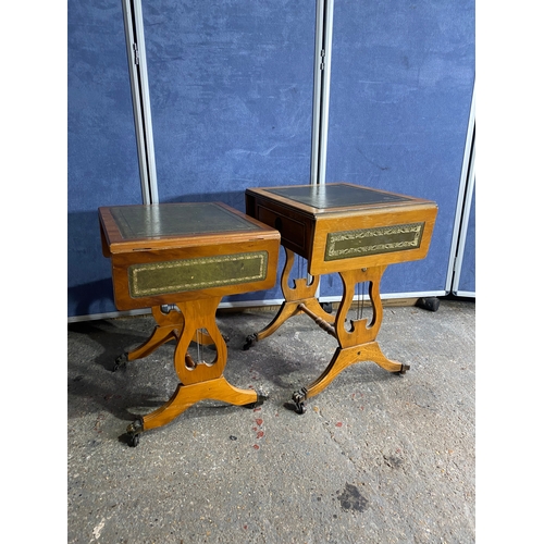 589 - Two retro inlaid green leather drop leaf side tables. 

Please see images for all dimensions.