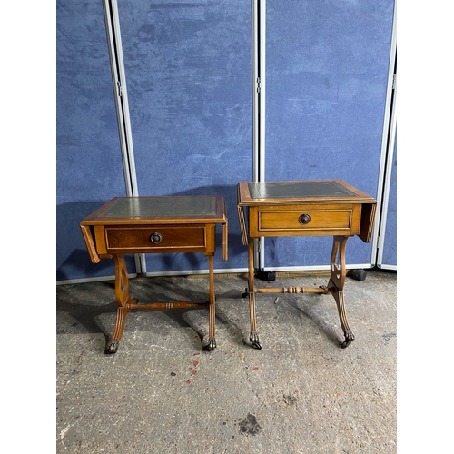 589 - Two retro inlaid green leather drop leaf side tables. 

Please see images for all dimensions.