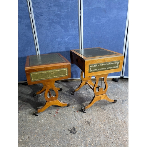 589 - Two retro inlaid green leather drop leaf side tables. 

Please see images for all dimensions.