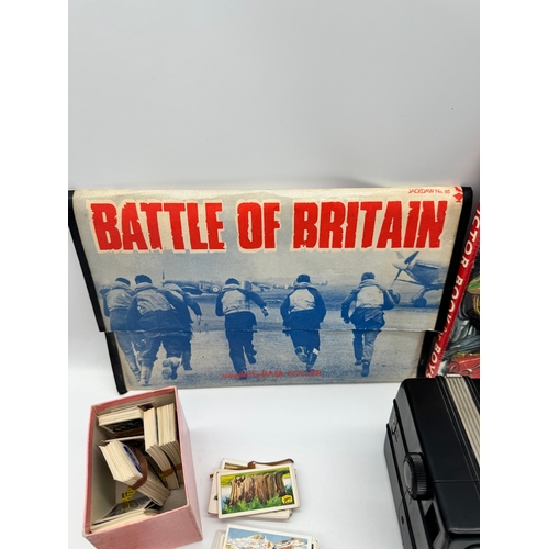 159 - Two vintage cameras inc Agfa & Kodak,  cigarette cards, Victor book for boys 1967, Battle of Britain... 