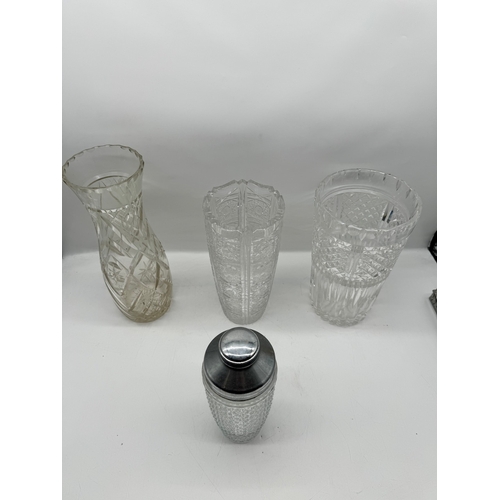 292 - Three vintage crystal vases + shaker