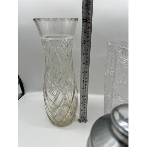 292 - Three vintage crystal vases + shaker